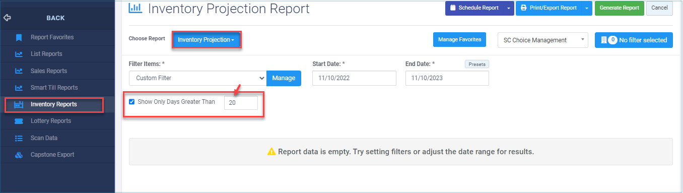 Inventory Projection Report