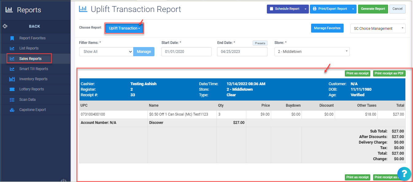 Uplift Transaction Report
