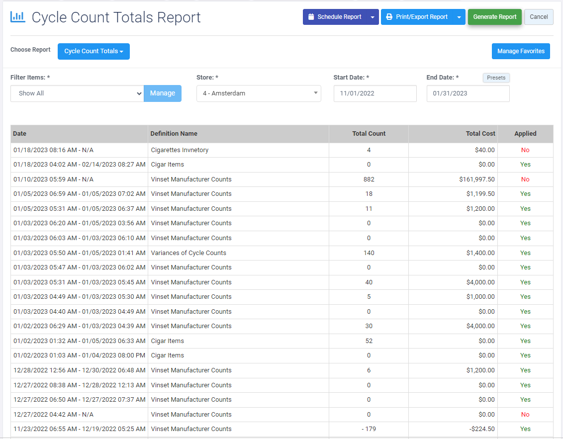 Cycle Count Totals